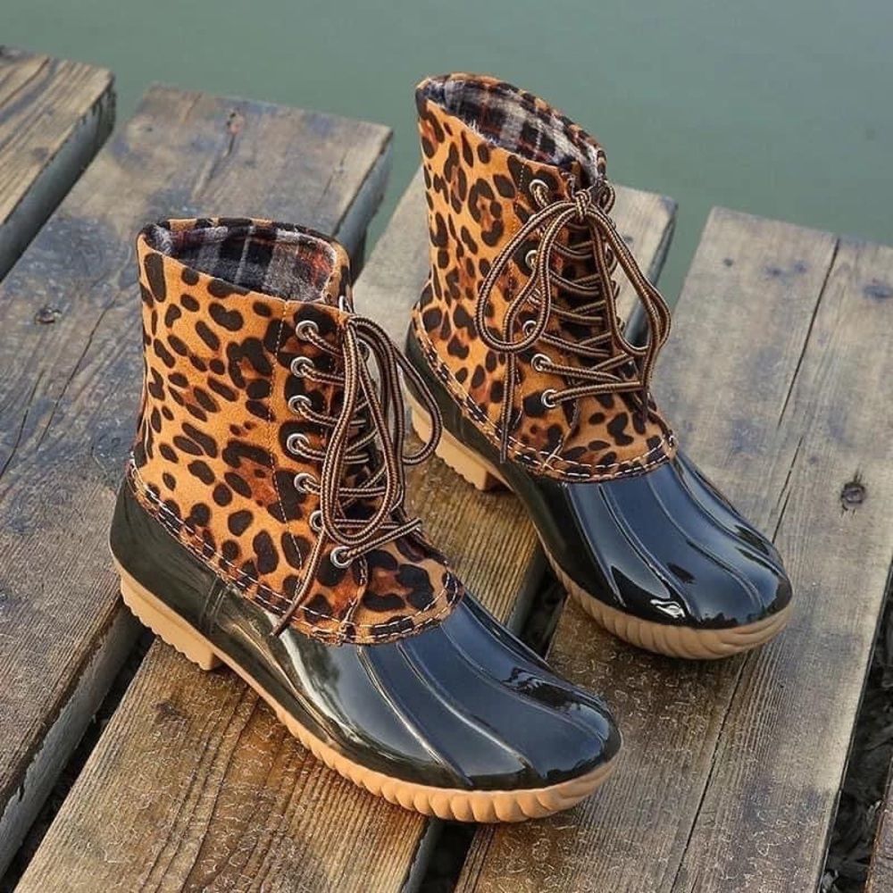 Lace Up Leopard Duck Boots - Size 8